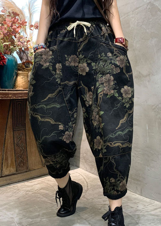 Einzigartige Schwarze retro Cinched Print Denim Hose Hose Frühling