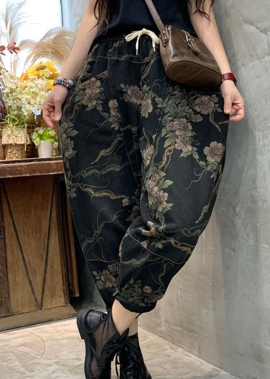 Einzigartige Schwarze retro Cinched Print Denim Hose Hose Frühling