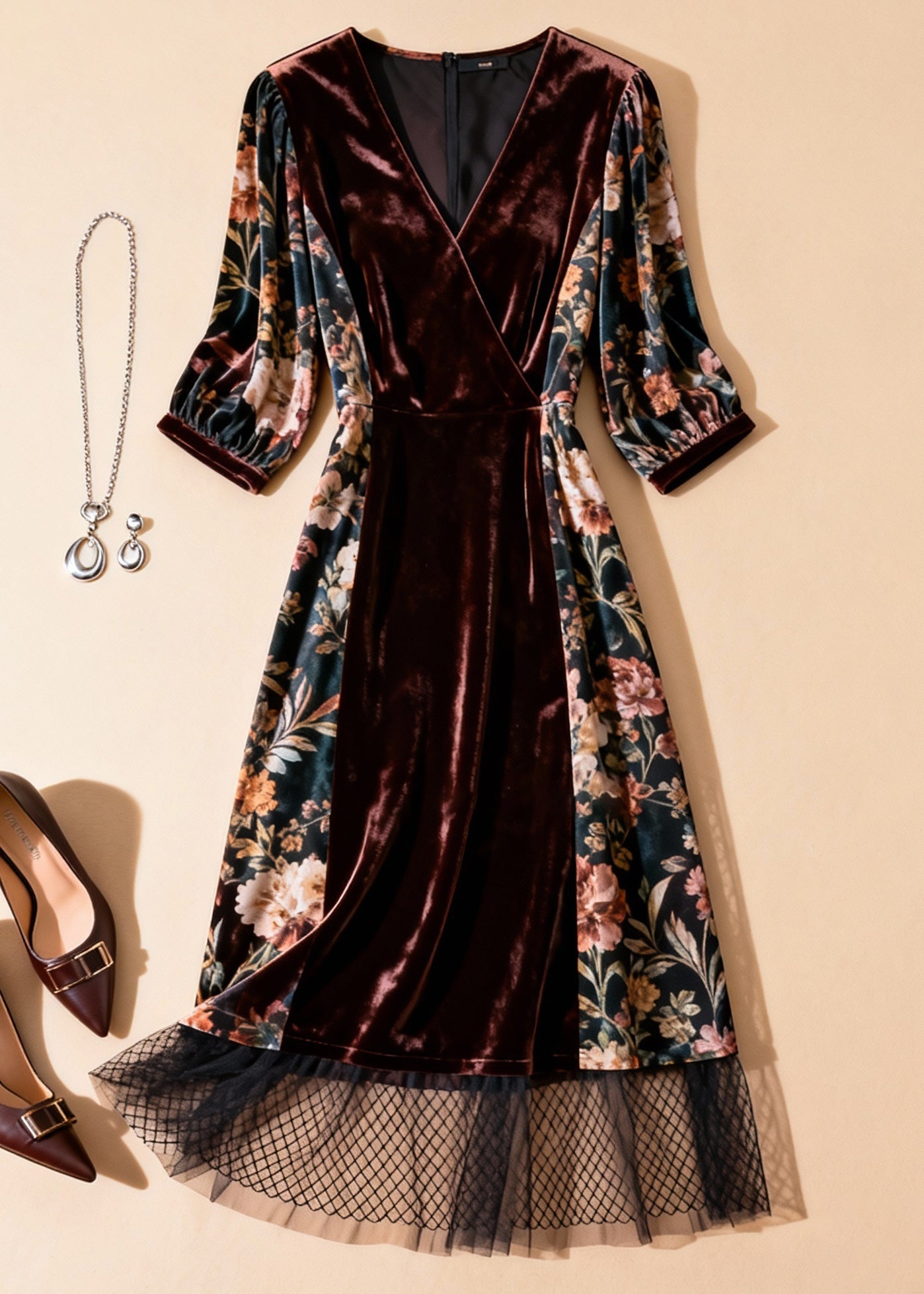 Unique Blackish Green Print Tulle Patchwork Silk Velvet Dresses Half Sleeve