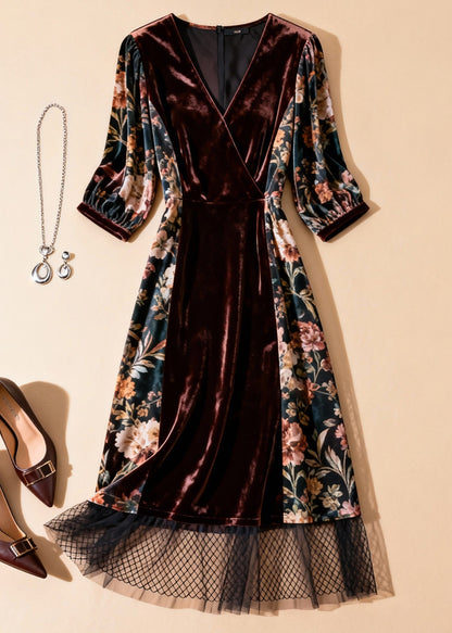 Unique Blackish Green Print Tulle Patchwork Silk Velvet Dresses Half Sleeve