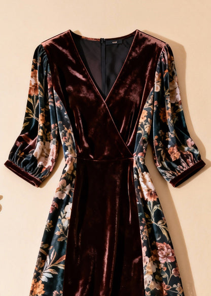 Unique Blackish Green Print Tulle Patchwork Silk Velvet Dresses Half Sleeve