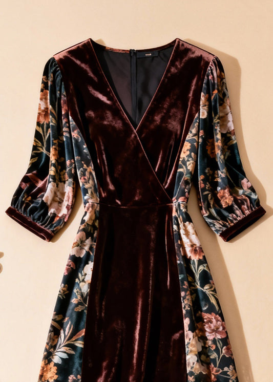 Unique Blackish Green Print Tulle Patchwork Silk Velvet Dresses Half Sleeve