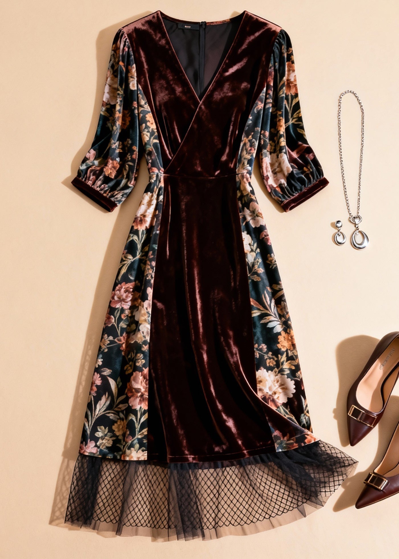 Unique Blackish Green Print Tulle Patchwork Silk Velvet Dresses Half Sleeve