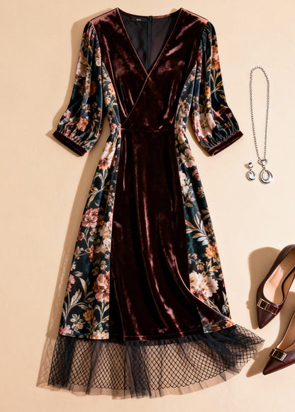 Unique Blackish Green Print Tulle Patchwork Silk Velvet Dresses Half Sleeve