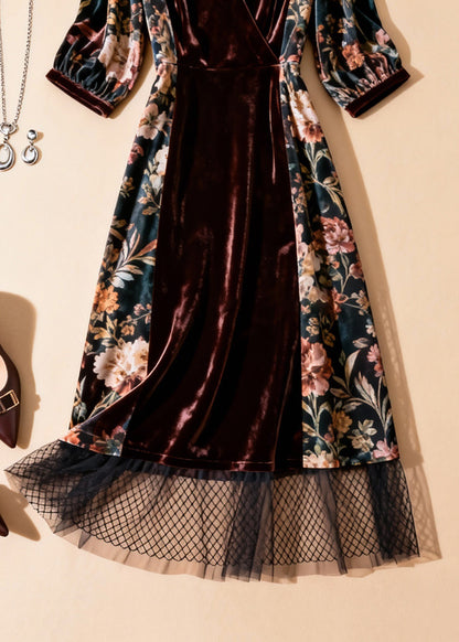 Unique Blackish Green Print Tulle Patchwork Silk Velvet Dresses Half Sleeve