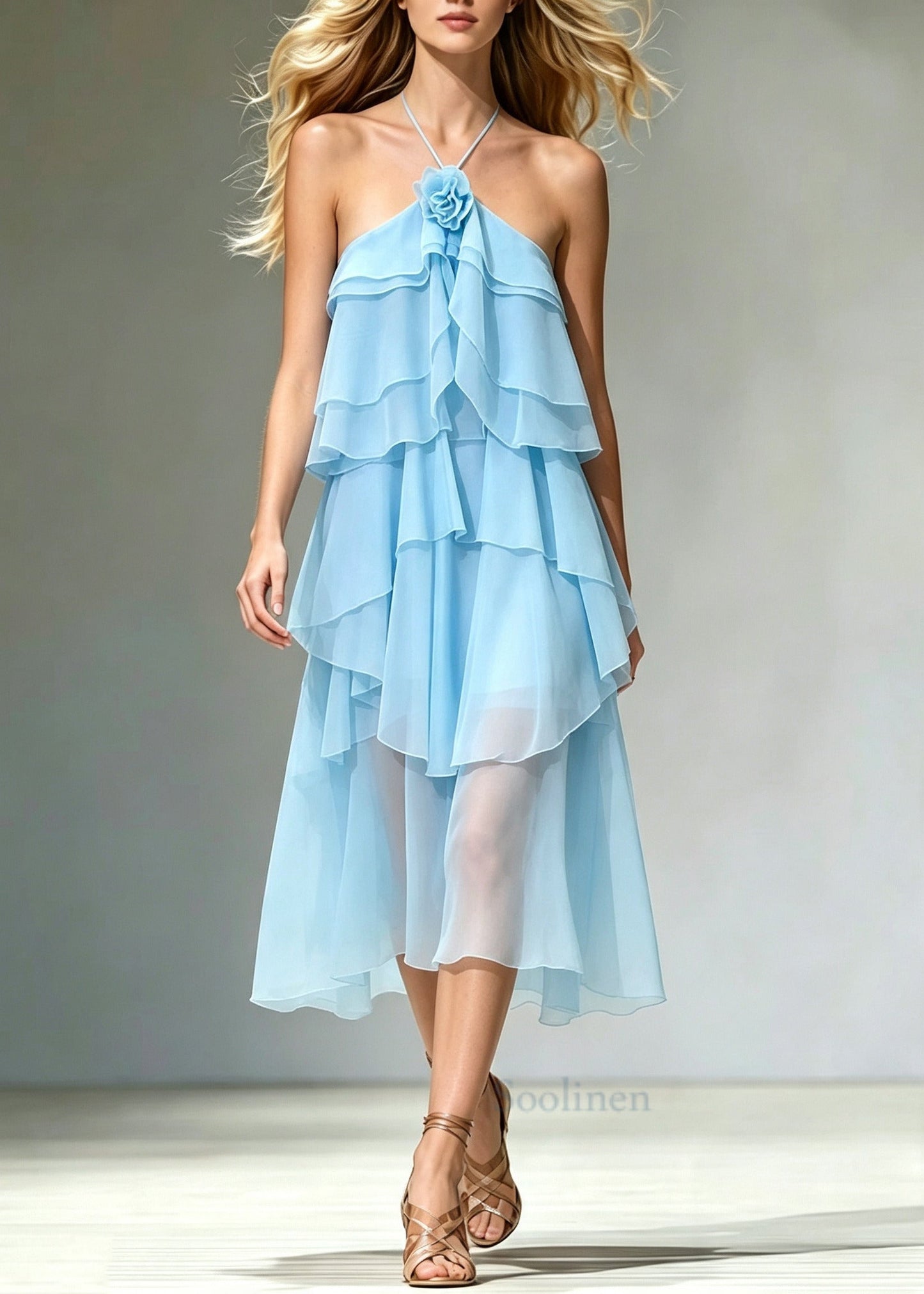 Unique Blue Backless Floral Chiffon Halter Dresses Summer