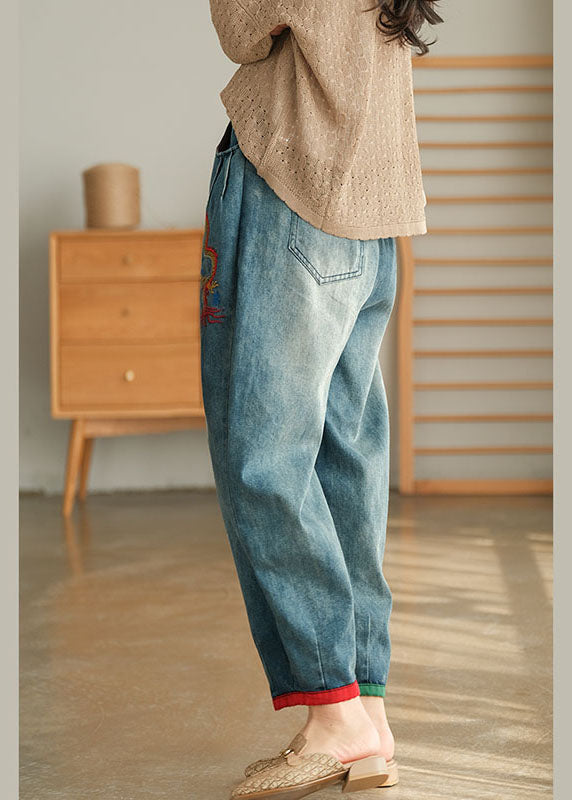 Einzigartige blaue lässige Haremshose mit Taschen und Stickereien für den Herbst