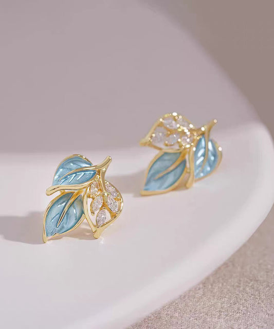 Unique Blue Copper Overgild Zircon Leaf Stud Earrings