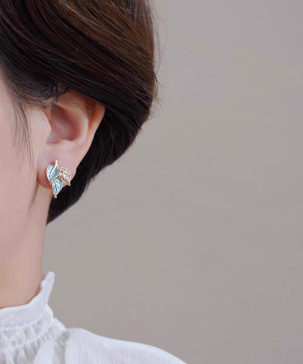Unique Blue Copper Overgild Zircon Leaf Stud Earrings