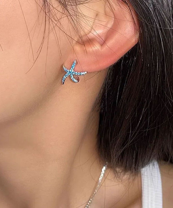 Unique Blue Copper Zircon Starfish Stud Earrings