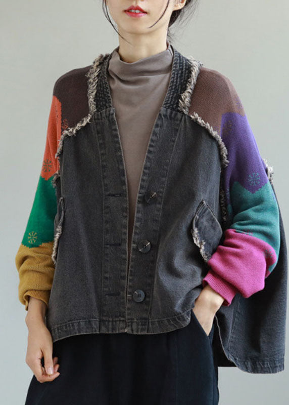 Einzigartiger blauer Denim Patchwork Stricktaschen Knopf Herbstmantel Langarm