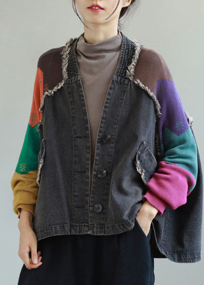 Einzigartiger blauer Denim Patchwork Stricktaschen Knopf Herbstmantel Langarm