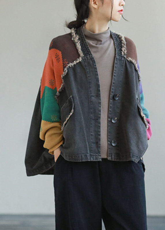 Einzigartiger blauer Denim Patchwork Stricktaschen Knopf Herbstmantel Langarm