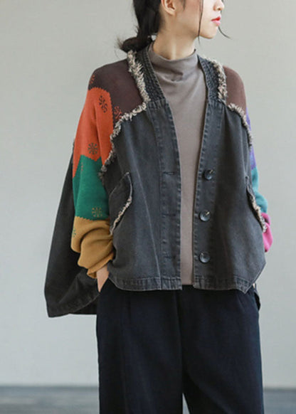 Einzigartiger blauer Denim Patchwork Stricktaschen Knopf Herbstmantel Langarm