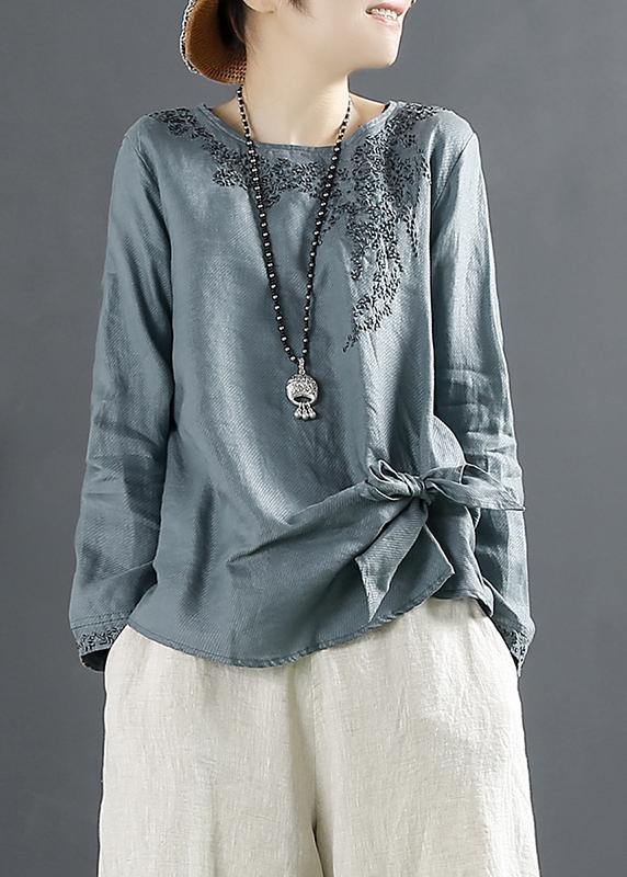 Unique Blue Embroidery Tops Women O Neck Cotton Blouses - SooLinen