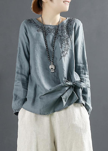 Unique Blue Embroidery Tops Women O Neck Cotton Blouses - SooLinen