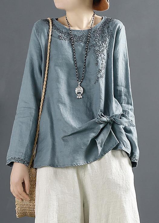 Unique Blue Embroidery Tops Women O Neck Cotton Blouses - SooLinen