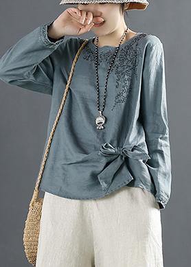 Unique Blue Embroidery Tops Women O Neck Cotton Blouses - SooLinen