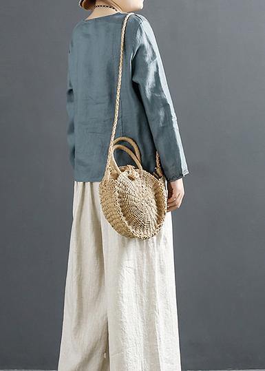 Unique Blue Embroidery Tops Women O Neck Cotton Blouses - SooLinen