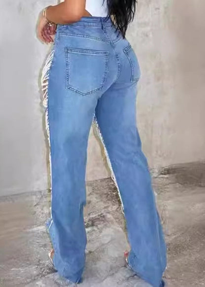 Unique Blue High Waist Ripped Beam Pants Fall