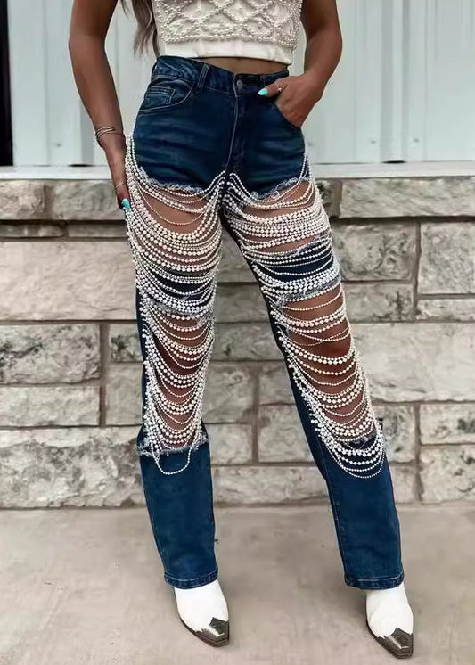 Unique Blue High Waist Ripped Beam Pants Fall