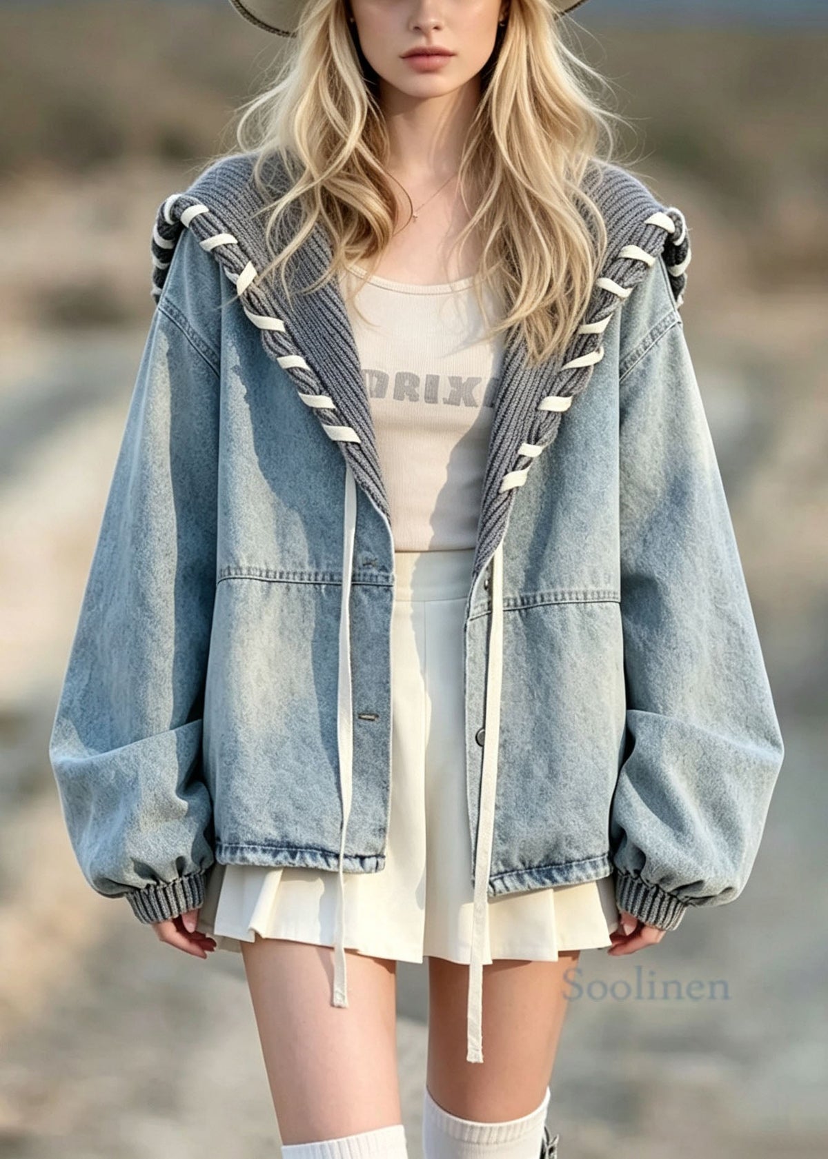 Unique Blue Knit Sailor Collar Patchwork Denim Coat Fall