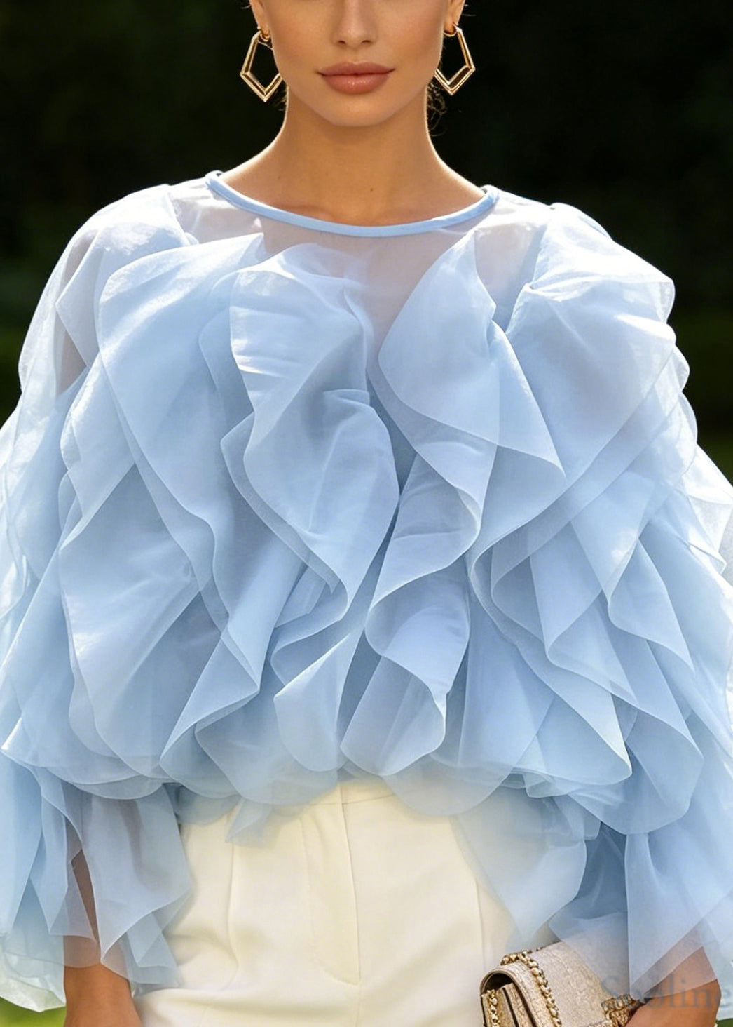 Unique Blue Layered Ruffled Patchwork Chiffon Blouses Long Sleeve