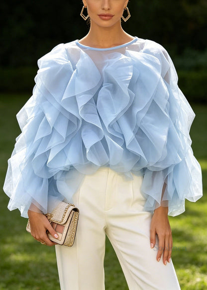 Unique Blue Layered Ruffled Patchwork Chiffon Blouses Long Sleeve