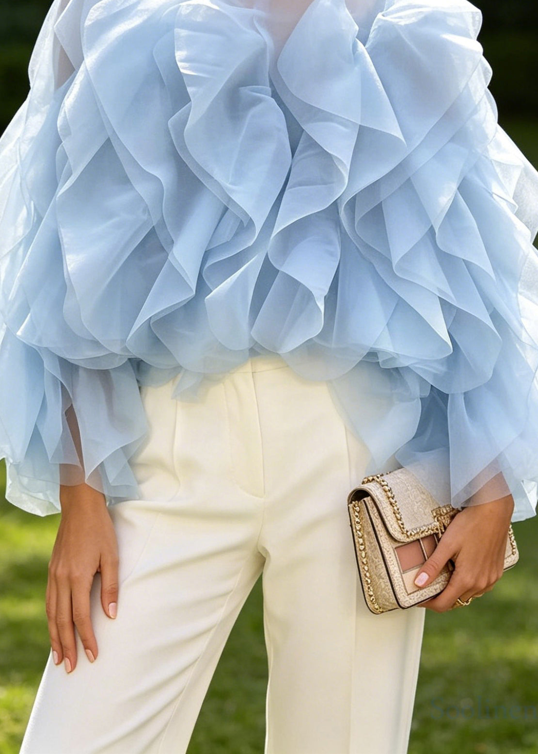 Unique Blue Layered Ruffled Patchwork Chiffon Blouses Long Sleeve