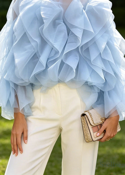 Unique Blue Layered Ruffled Patchwork Chiffon Blouses Long Sleeve