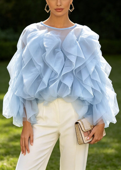 Unique Blue Layered Ruffled Patchwork Chiffon Blouses Long Sleeve