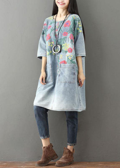 Unique Blue O-Neck Pockets Print Fall Denim Dresses Half Sleeve - SooLinen