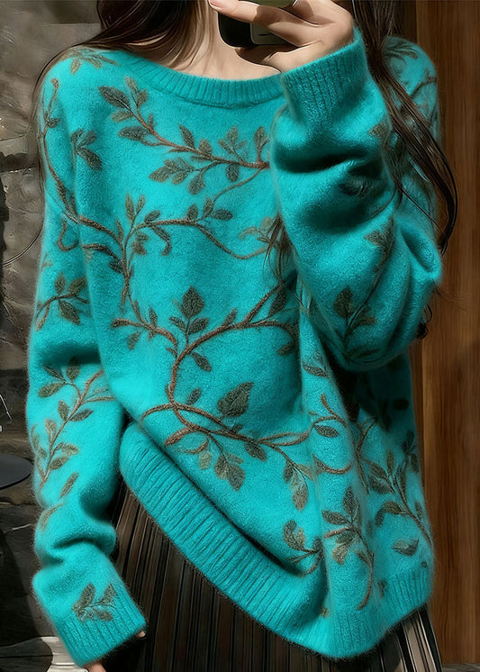 Einzigartiger blauer, dicker Strickpullover mit Blumenmuster und Rundhalsausschnitt für den Winter