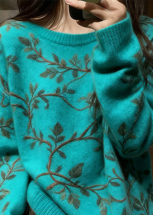 Einzigartiger blauer, dicker Strickpullover mit Blumenmuster und Rundhalsausschnitt für den Winter