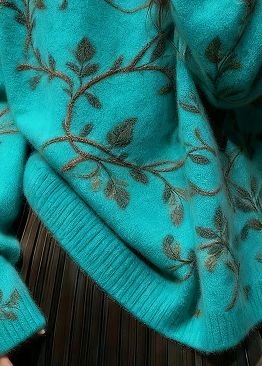 Unique Blue O Neck Thick Floral Knit Sweaters Winter