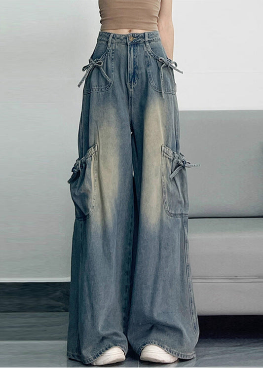 Unique Blue Oversized Pockets Denim Wide Leg Pants Spring