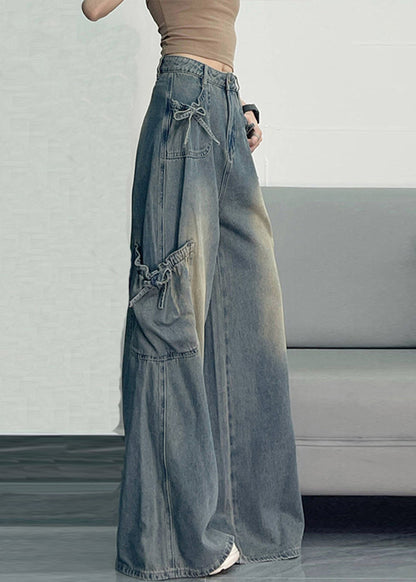 Unique Blue Oversized Pockets Denim Wide Leg Pants Spring