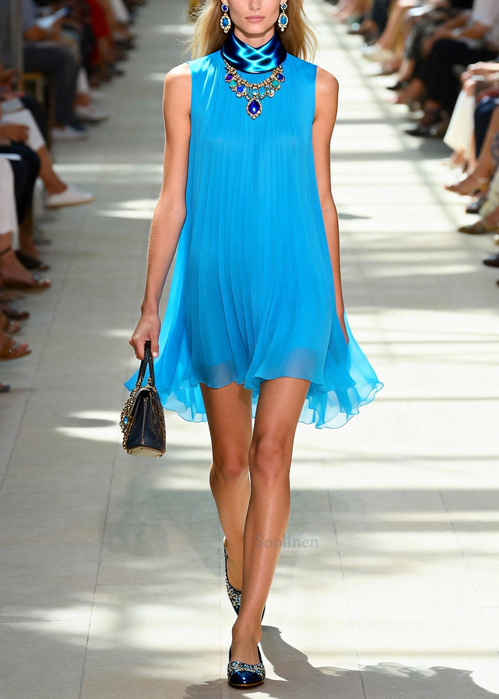 Unique Blue Oversized Wrinkled Chiffon Mid Dress Sleeveless