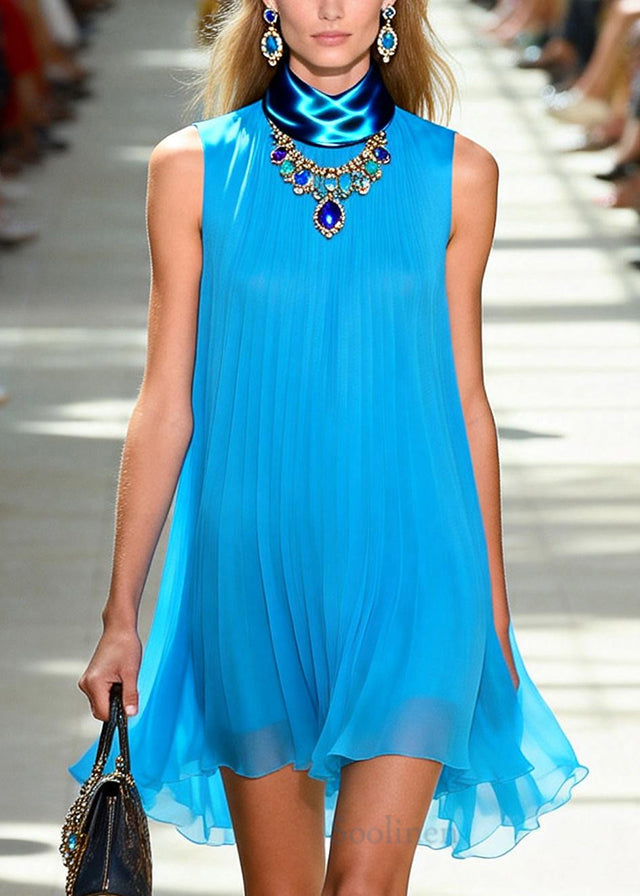Unique Blue Oversized Wrinkled Chiffon Mid Dress Sleeveless