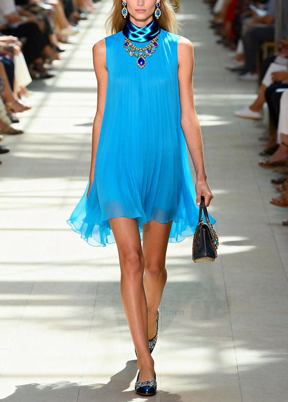 Unique Blue Oversized Wrinkled Chiffon Mid Dress Sleeveless