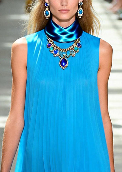 Unique Blue Oversized Wrinkled Chiffon Mid Dress Sleeveless