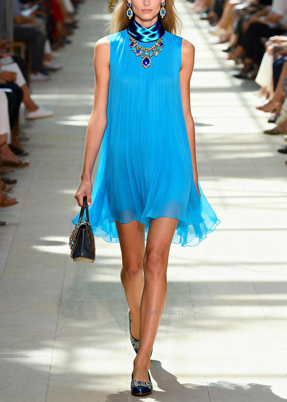 Unique Blue Oversized Wrinkled Chiffon Mid Dress Sleeveless
