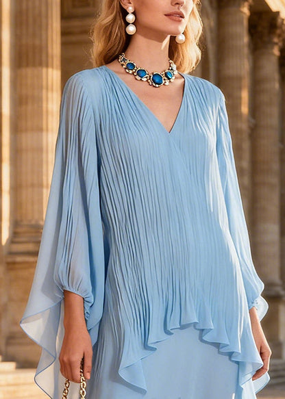 Unique Blue Oversized Wrinkled Chiffon Two Pieces Set Summer