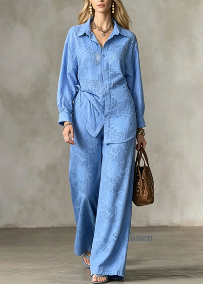 Unique Blue Peter Pan Collar Tops And Pants Cotton Two Pieces Set Long Sleeve
