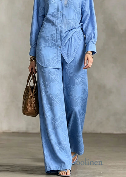 Unique Blue Peter Pan Collar Tops And Pants Cotton Two Pieces Set Long Sleeve