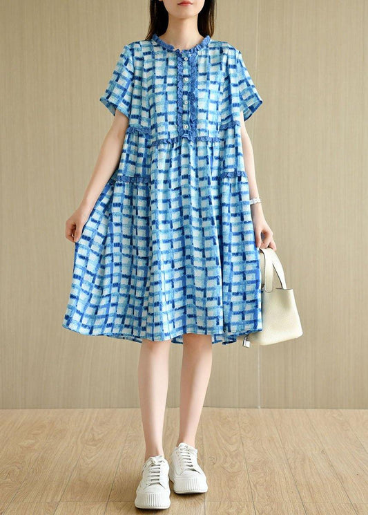 Unique Blue Plaid O-Neck A Line Summer Chiffon Dress Short Sleeve - SooLinen