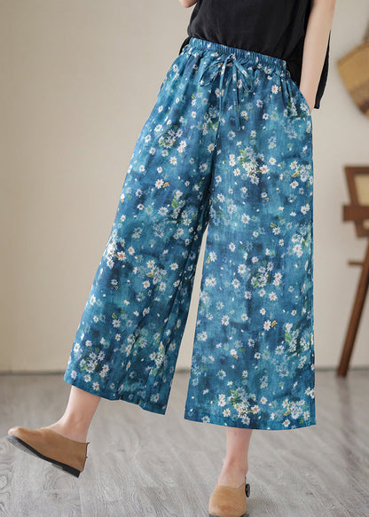 Pantalones de verano con cintura elástica y pierna ancha con estampado azul único