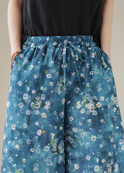 Pantalones de verano con cintura elástica y pierna ancha con estampado azul único