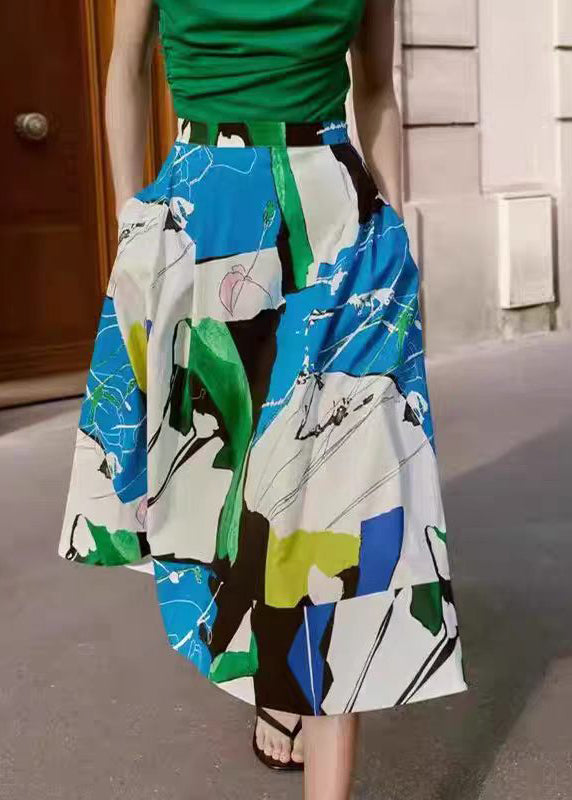 Unique Blue Print Exra Large Hem Cotton Skirts Summer