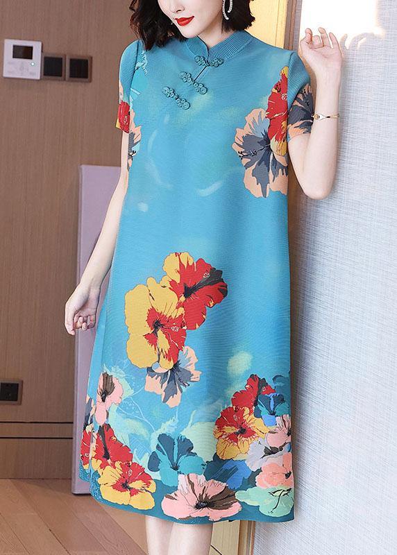 Unique Blue Print Floral Mandarin Collar Maxi Dresses Summer - SooLinen
